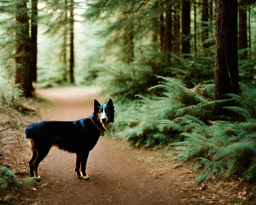 Black Dog with Blue Collar Stands on Forest Trail amid Tall Trees