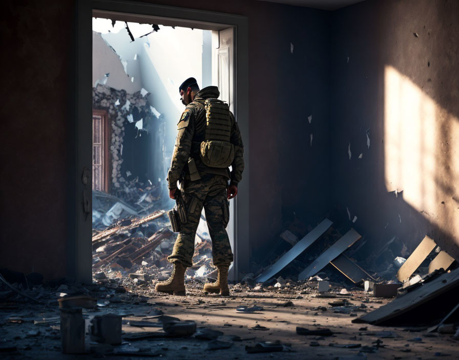 Soldier in tactical gear with rifle in war-torn building.