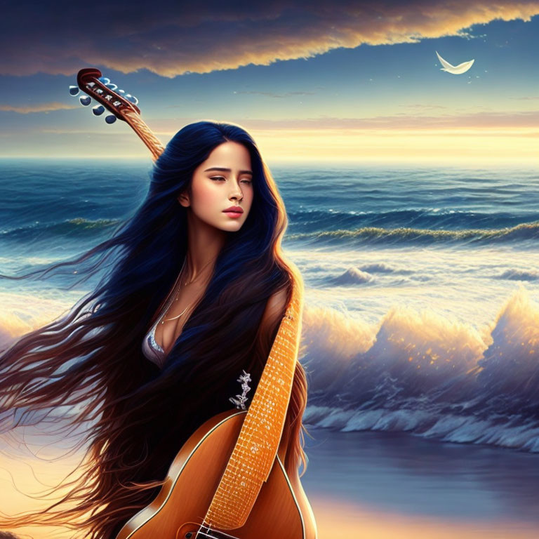 Woman with flowing hair holding guitar at sunset by ocean with crescent moon