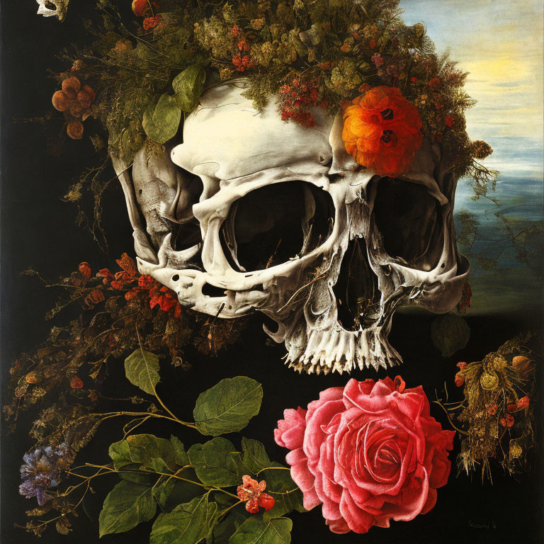 Still-life painting of oversized skull with flowers and plants on dark background.