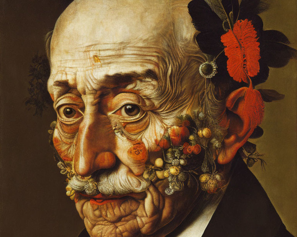 Man's face made of fruits and vegetables with feather in cap