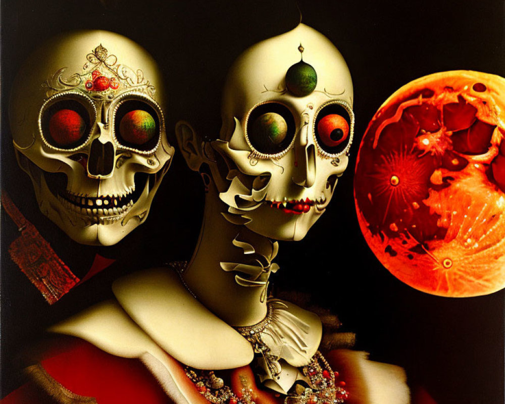 Surreal artwork: ornate skulls, pomegranate, full moon in dark backdrop