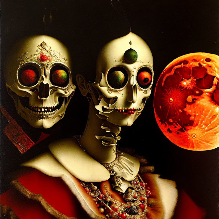 Surreal artwork: ornate skulls, pomegranate, full moon in dark backdrop