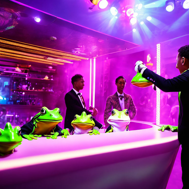 Colorful bar scene with animated frogs and bartender pouring drink