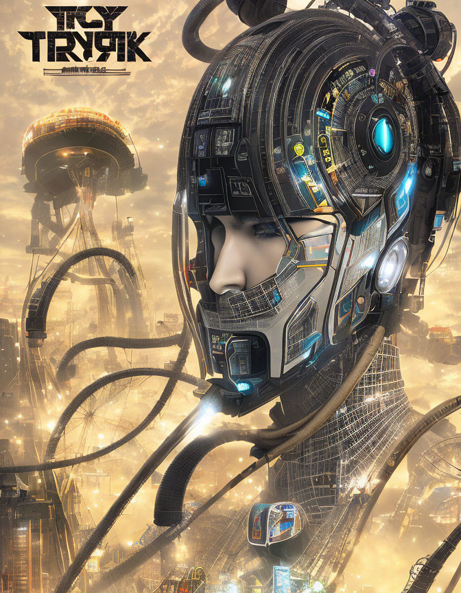 Futuristic digital artwork of stylized robotic head in advanced cityscape