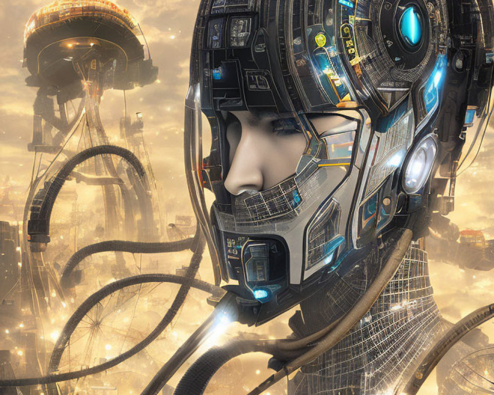 Futuristic digital artwork of stylized robotic head in advanced cityscape