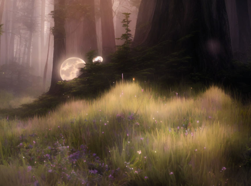 Enchanting moonlit forest with mist, wildflowers, and tall trees