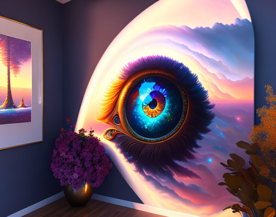 Surreal room with giant eye, fantasy landscape, purple bouquet, and sunset