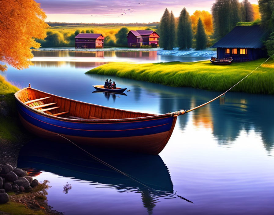 Tranquil lake scene with blue boat, rowers, colorful houses, and lush greenery at