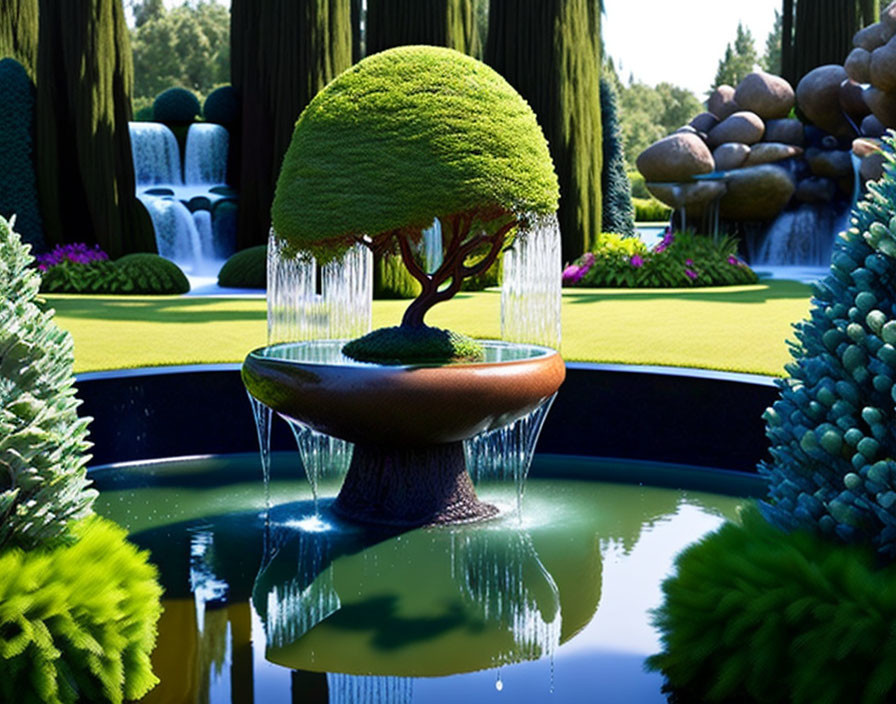 Meticulously landscaped garden with bonsai tree fountain