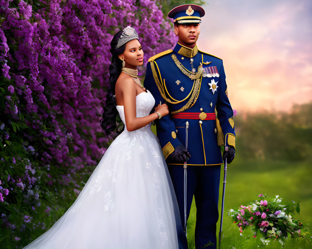 Bride and Groom in White Dress and Military Uniform Surrounded by Purple Flowers at Sunset