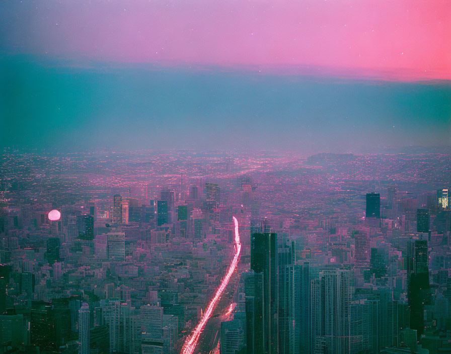 Twilight cityscape with pink and blue sky and urban buildings