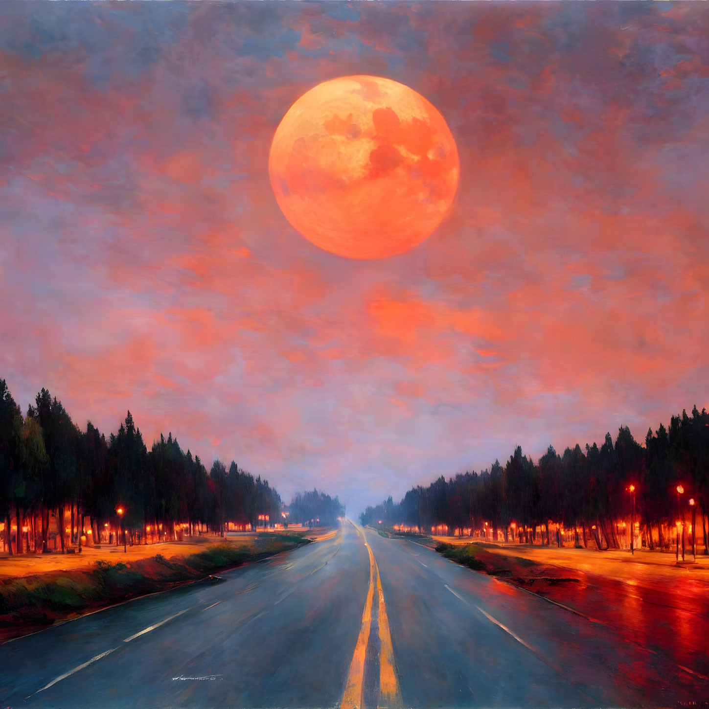 Red Moon Over Straight Roadway Flanked by Trees at Dusk or Dawn