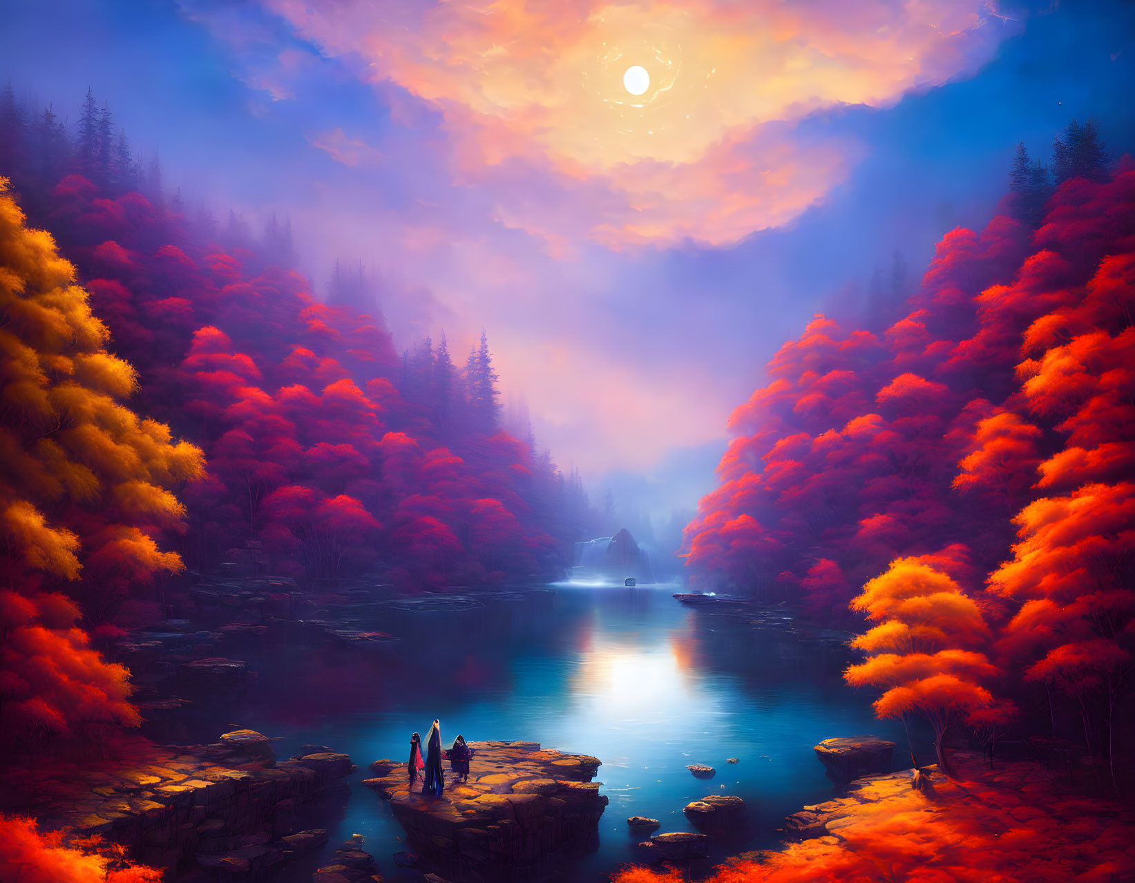 Serene lake scene with two people on rock under moonlit sky