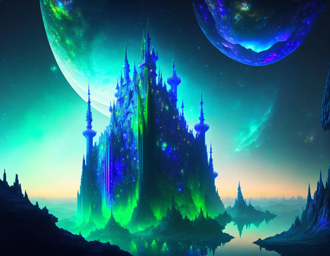 Neon-lit castle on cliff with celestial bodies and reflective water