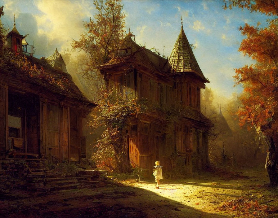 Child walking among rustic wooden houses in autumn setting with warm sunlight.