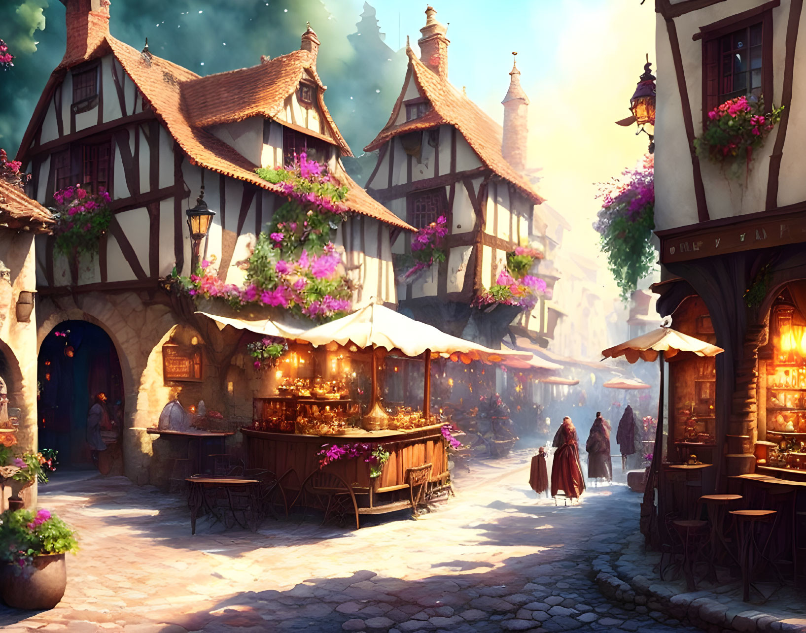 Medieval village street with colorful houses, flower baskets, market stalls, and townspeople on a sunny