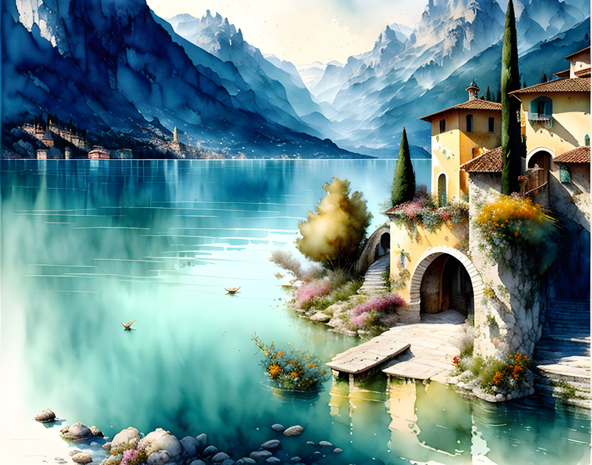 Scenic lake with mountains, villa, flowers, and boats