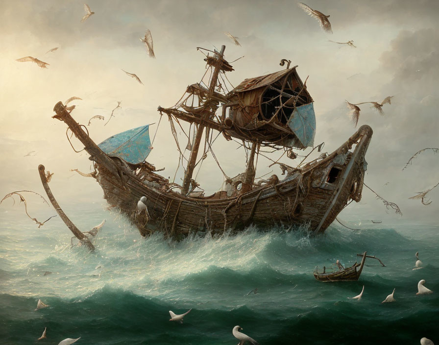 Vintage sailing ship with tattered sails surrounded by seagulls on stormy sea