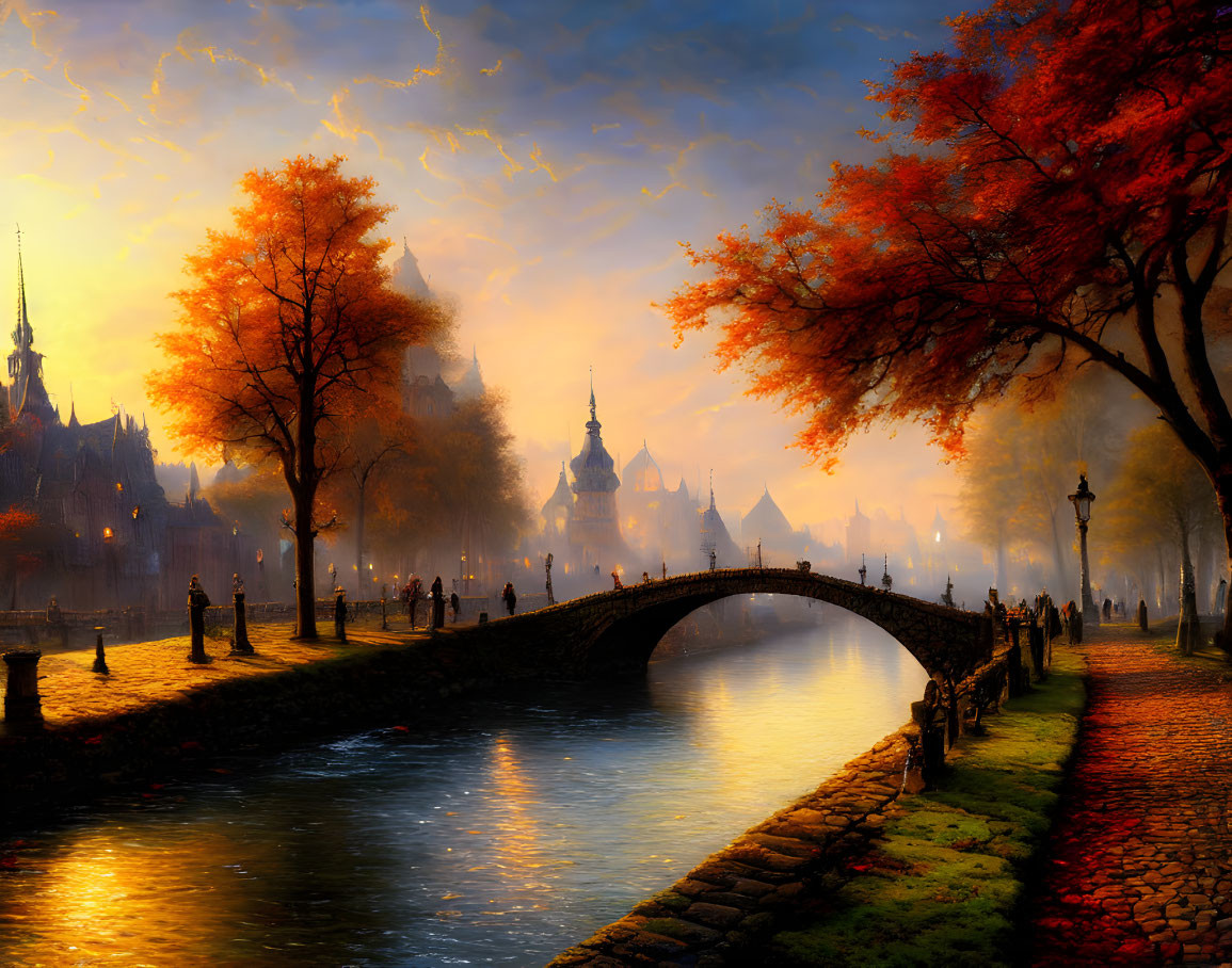 Autumn riverside scene with cobblestone path and arched bridge