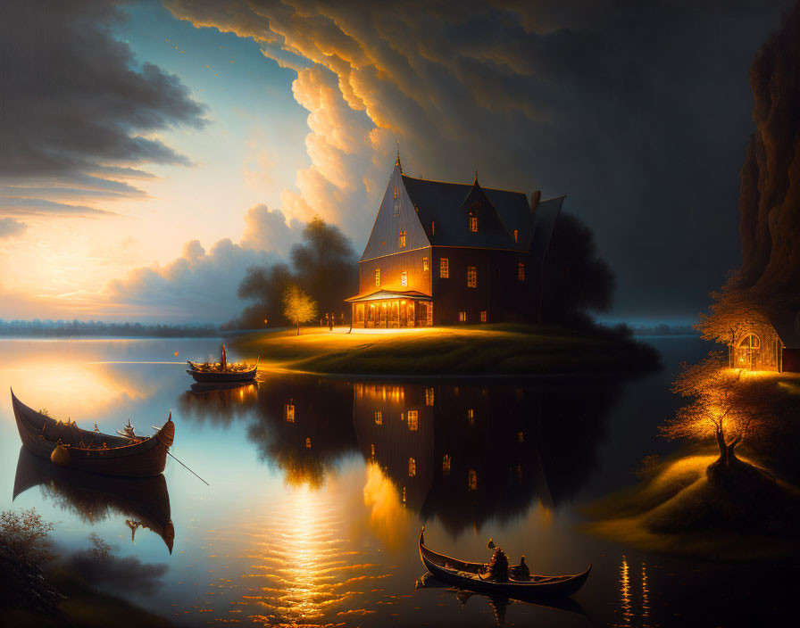 Tranquil twilight landscape with illuminated house on isle, calm waters, boats, and storm clouds