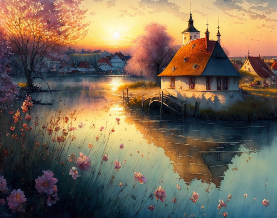 Tranquil sunset scene at a serene lake with chapel, blooming flowers