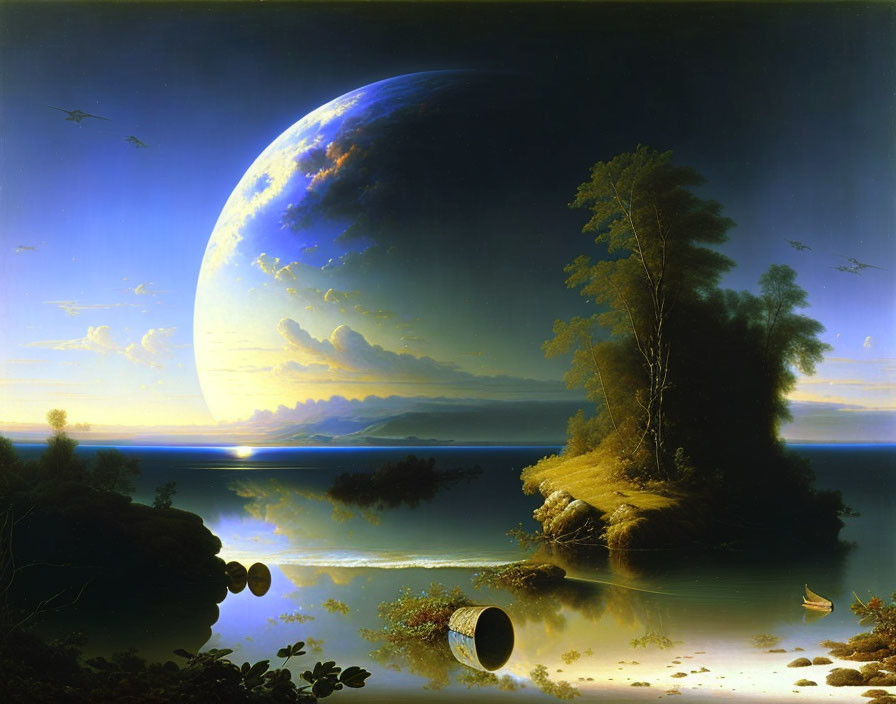 Surreal landscape with large moon, serene lake, trees, mirror-like object, and birds.