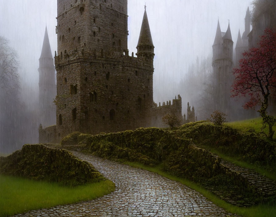 Mystical stone castle in foggy landscape with cobblestone path