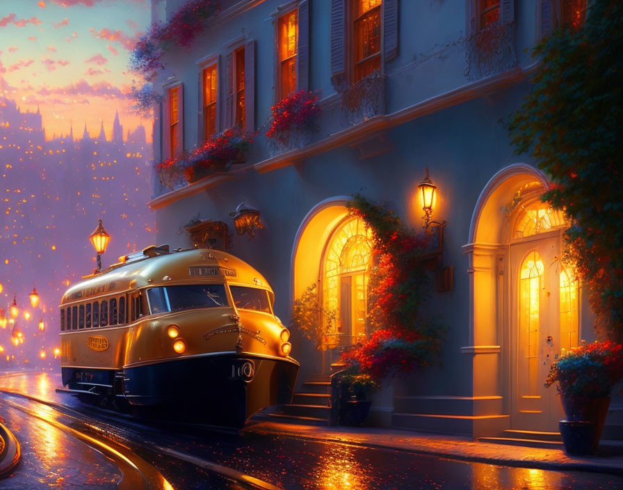 Nostalgic yellow tram on illuminated cobblestone street at dusk