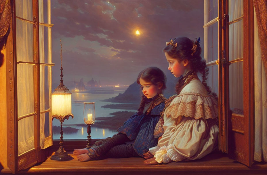 Two girls in vintage dresses by open window overlooking moonlit sea.