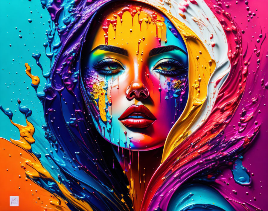 Colorful paint portrait of a woman against vibrant backdrop