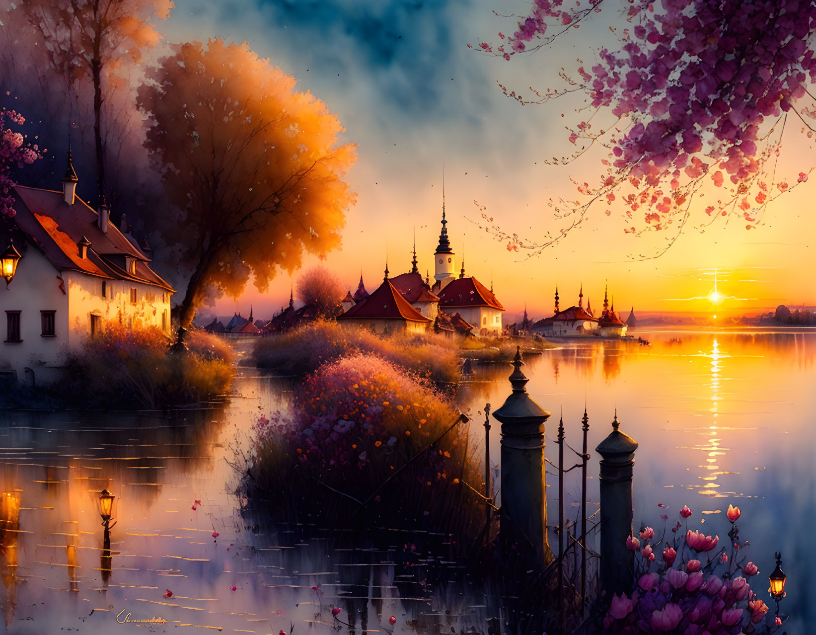 Scenic sunset with traditional architecture and blooming trees