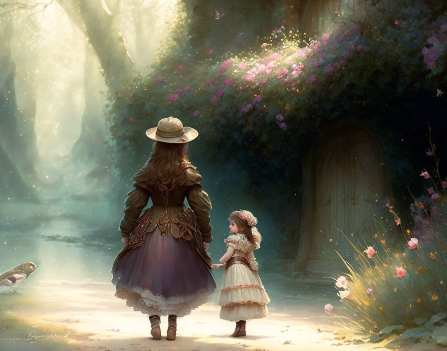 Woman and girl in vintage dresses in magical forest with flowers and quaint door