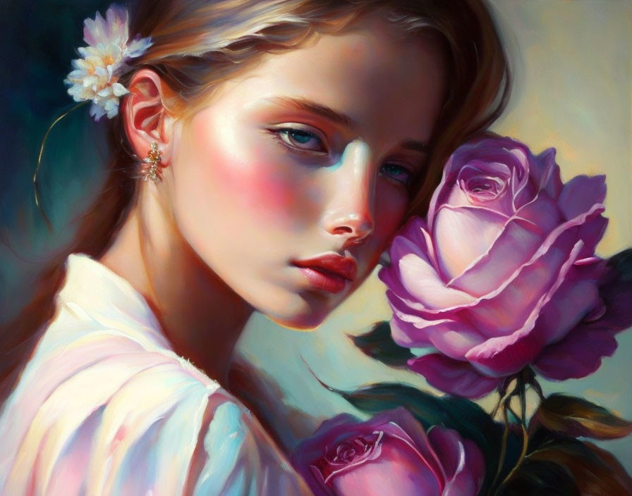 Young girl holding pink roses in serene painting