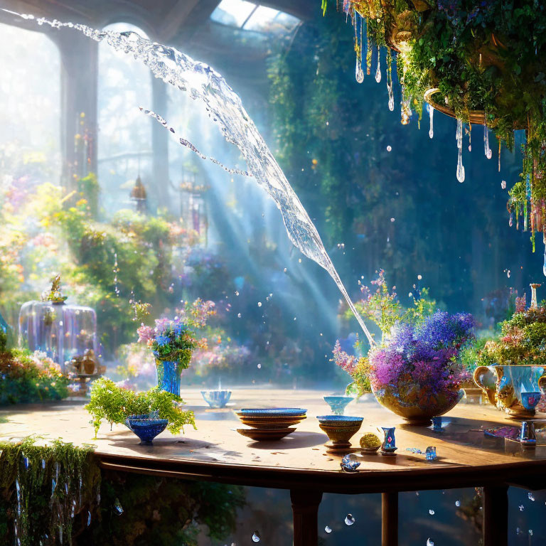 Sunlit greenhouse with plants, magical fountain, rustic table with bowls and baubles