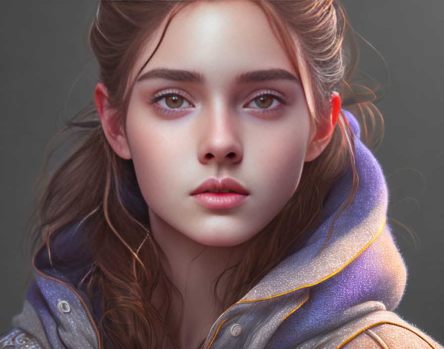 Detailed close-up digital portrait of young woman with large brown eyes, wavy hair, and colorful jacket