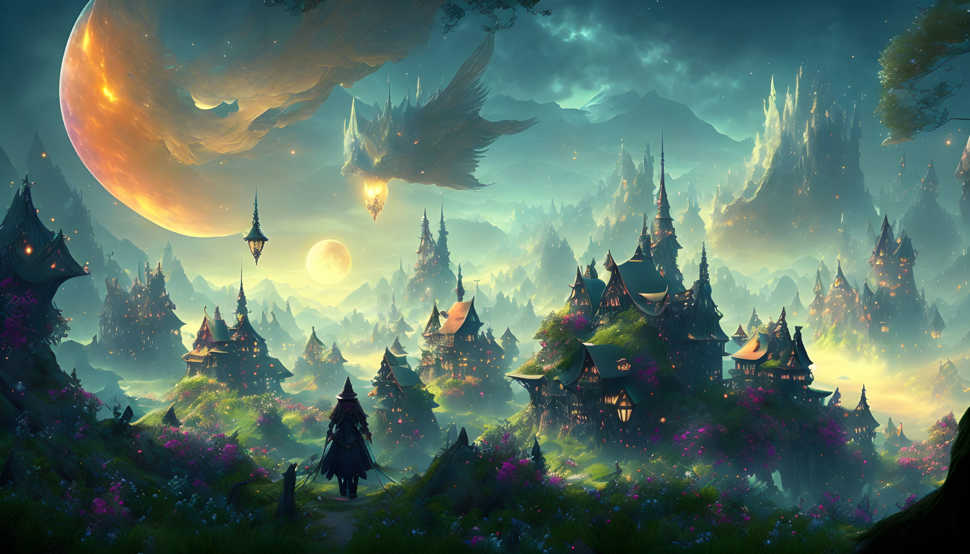 Fantasy landscape with whimsical structures, cloaked figure, glowing moon, planets, and flying creatures