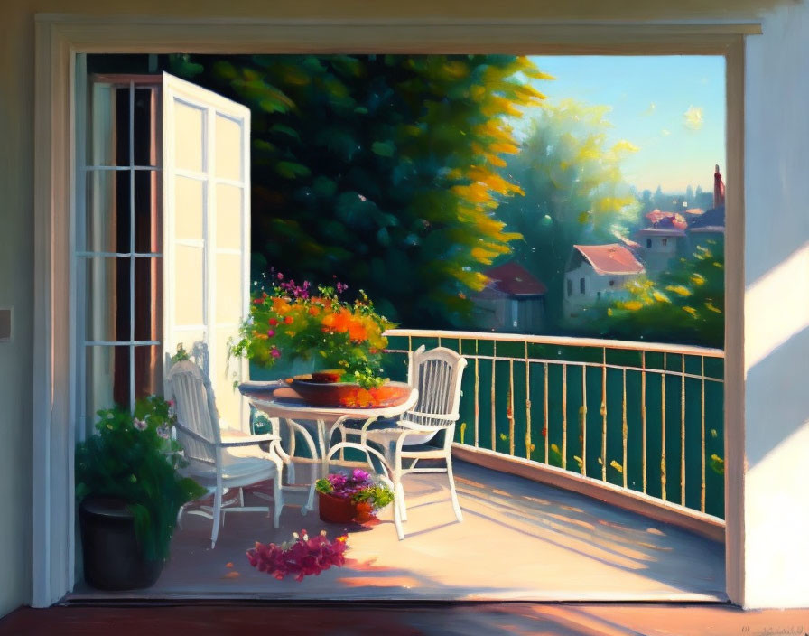 Tranquil balcony scene with lush landscape view