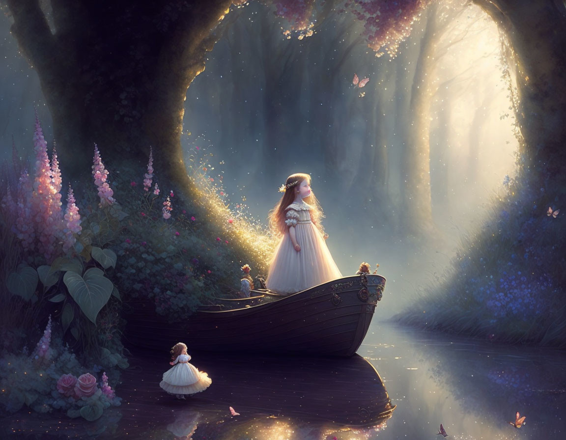 Woman in White Dress Standing in Boat Under Tree Archway with Ducks and Flowers