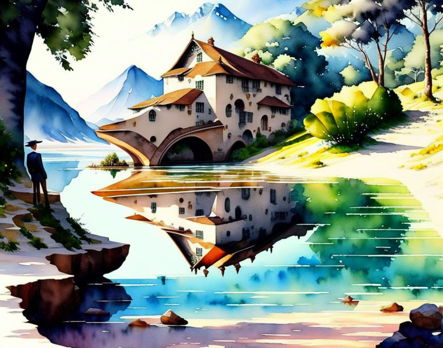 Serene lake watercolor painting with person, house, and mountains