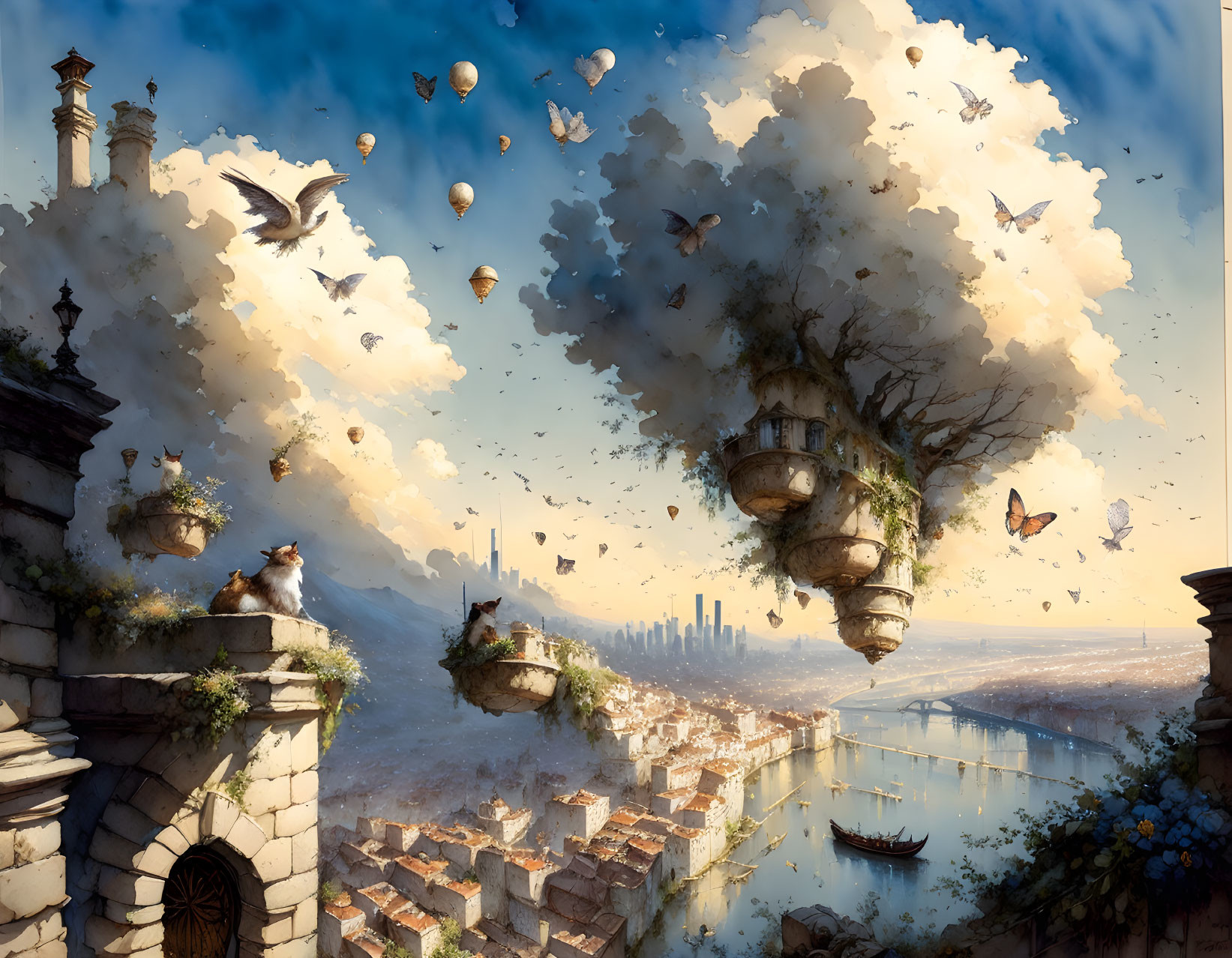 Fantastical cityscape with floating islands, butterflies, airships above ancient town.