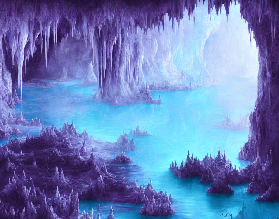 Ethereal Purple Cavern with Stalactites and Stalagmites Near Reflective Underground