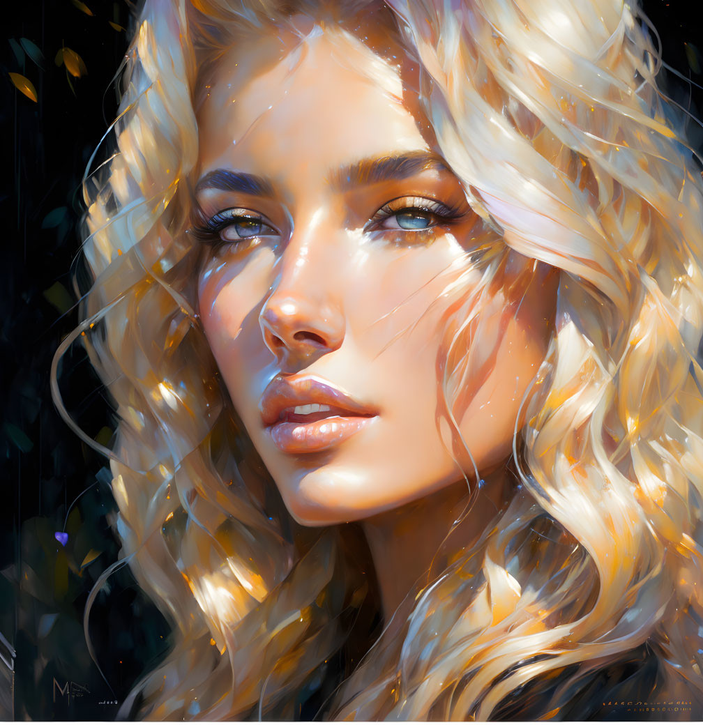 Blond woman with blue eyes and sun-kissed skin in soft light