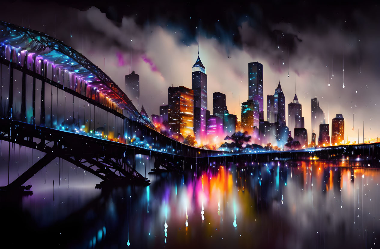 Colorful Nighttime Cityscape with Reflective River & Lit-Up Bridge