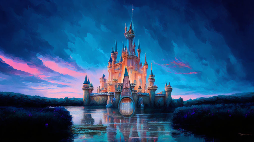 Twilight castle scene with blue and pink sky reflected in water