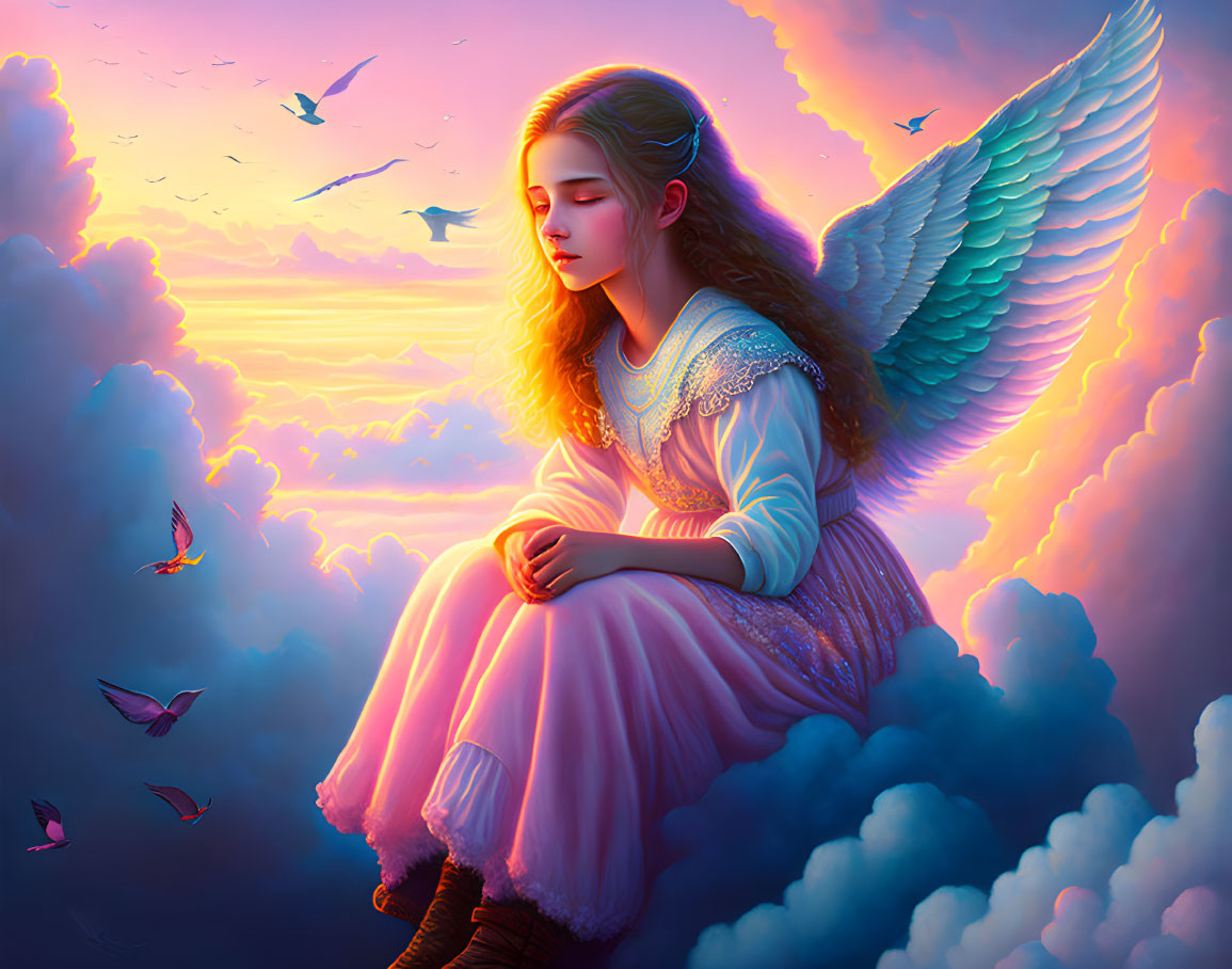 Angelic figure with large wings on cloud in colorful sky