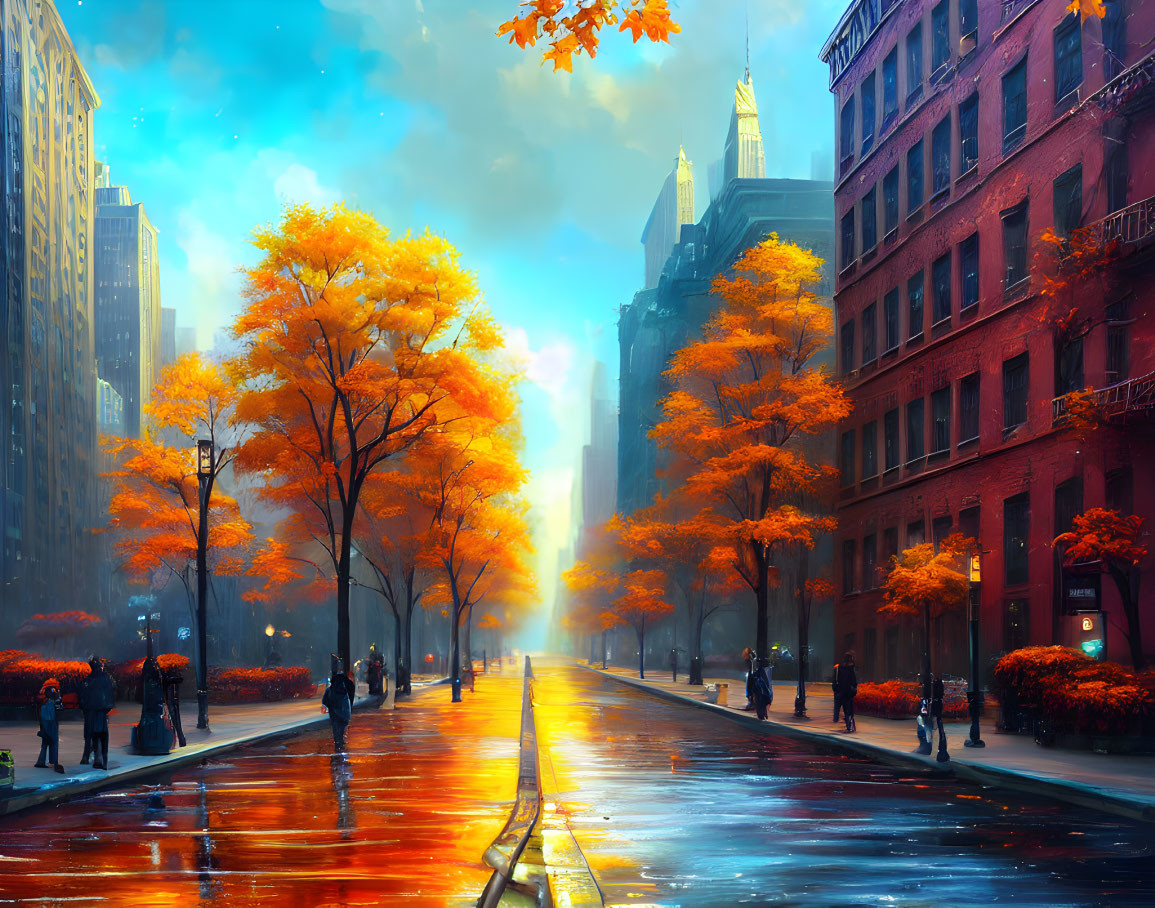 Cityscape: Vibrant autumn trees line wet streets with pedestrians.