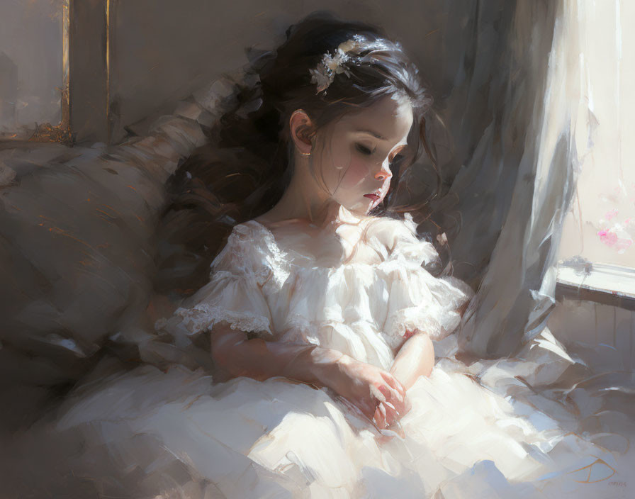 Young girl in white dress with floral hair accessory sitting by window in soft sunlight.