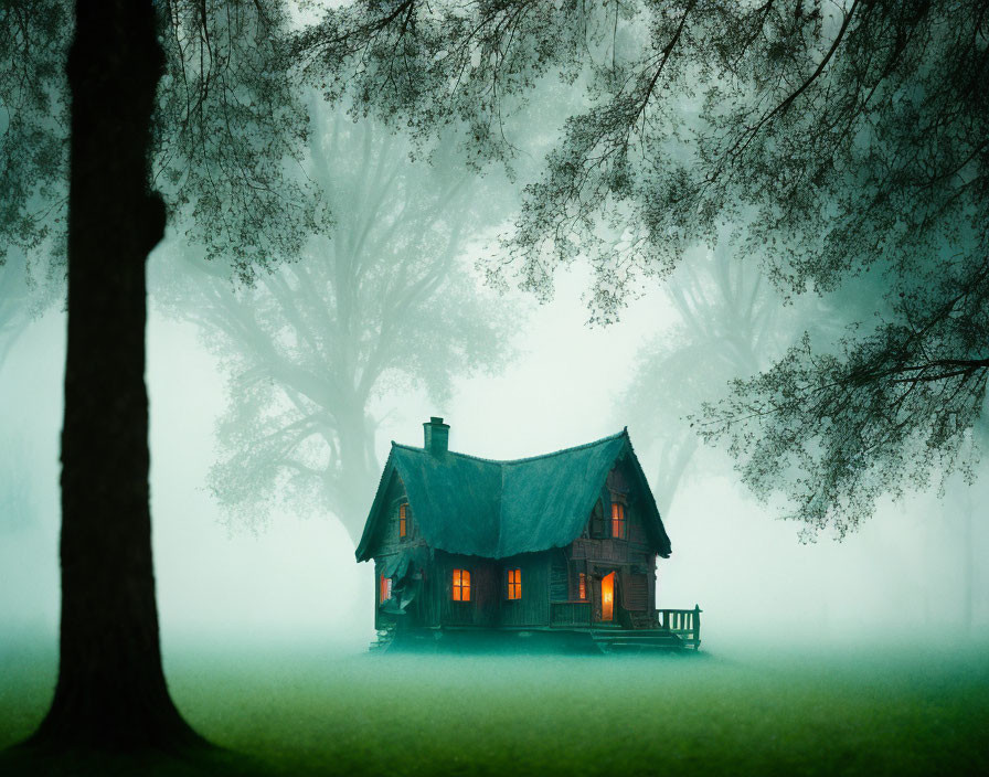 Quaint house with glowing windows in foggy landscape