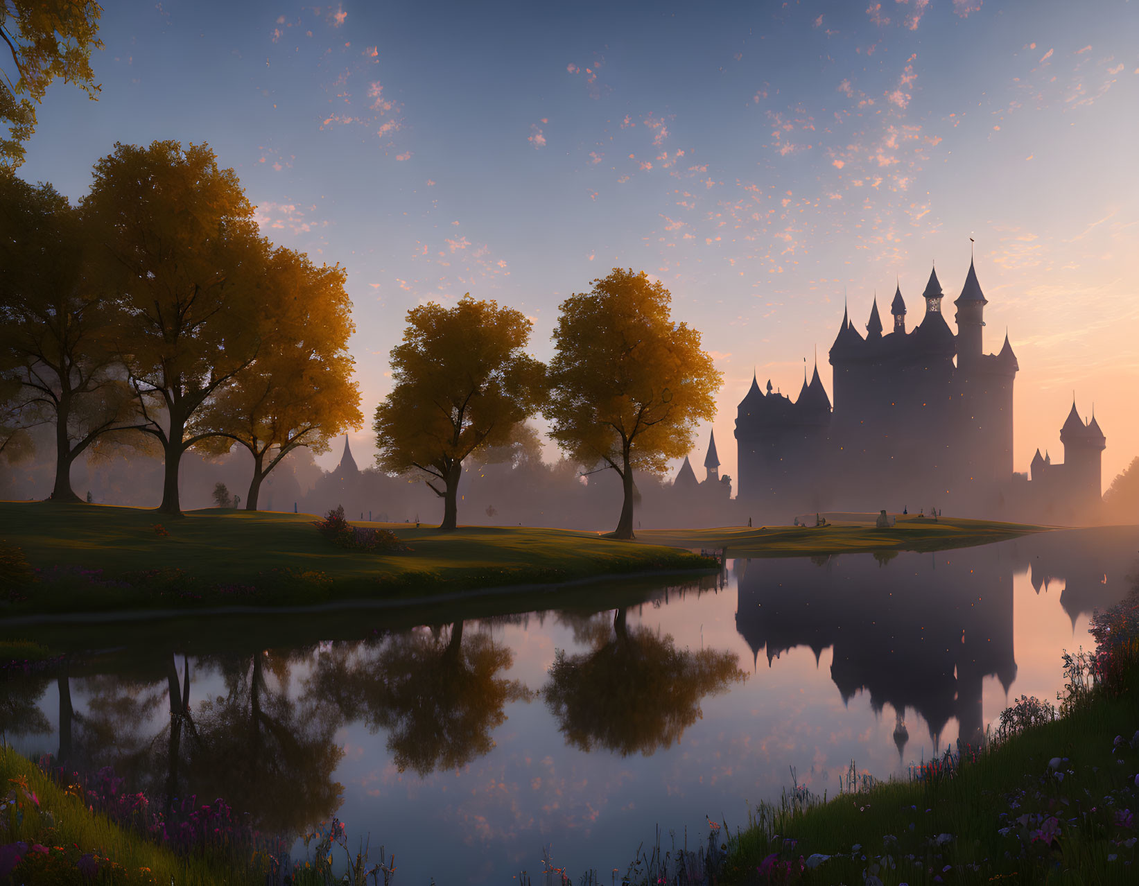 Twilight landscape with castle reflection in calm lake